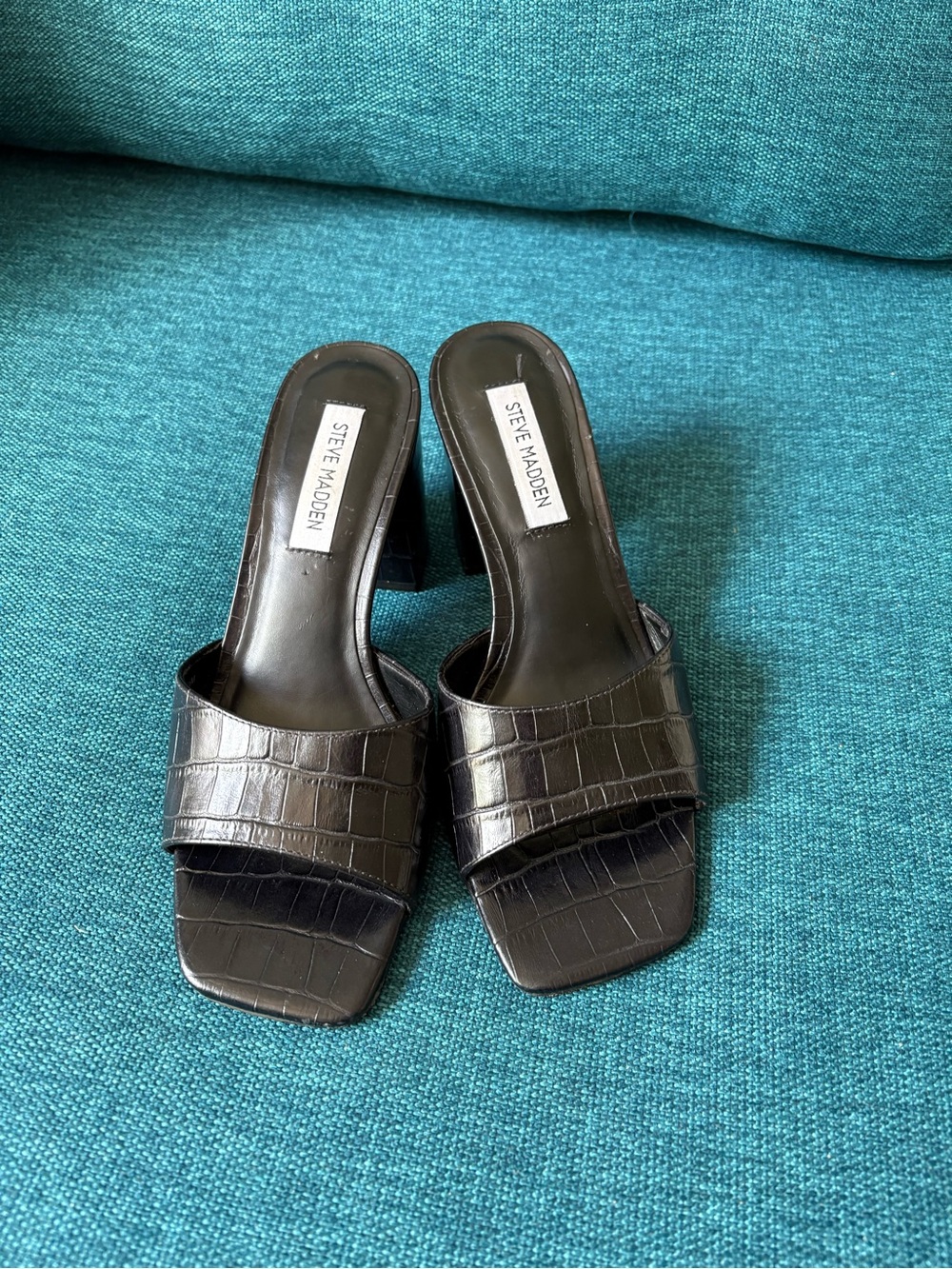 Steve Madden Black Croc-Embossed Square Toe Slide Mules